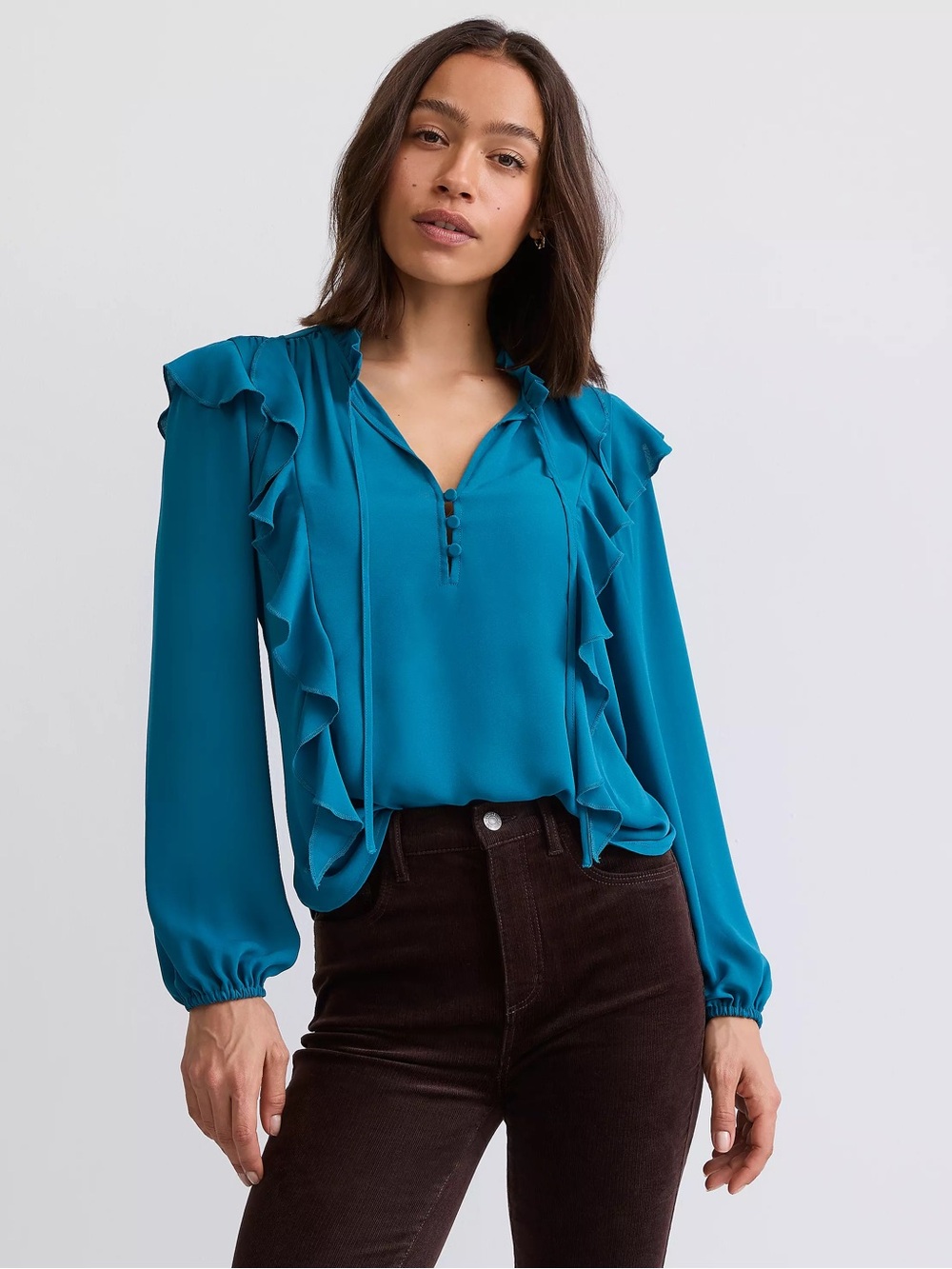 LOFT Ruffle Button Tie Neck Blouse XL